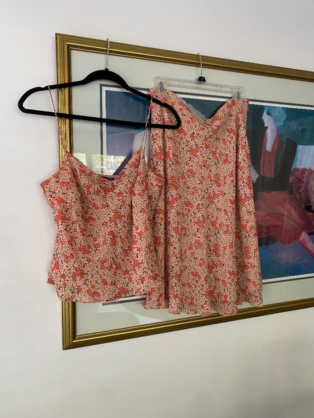Vintage y2k 100% Silk Peach Floral Cami Skirt Set Size 10 Boho